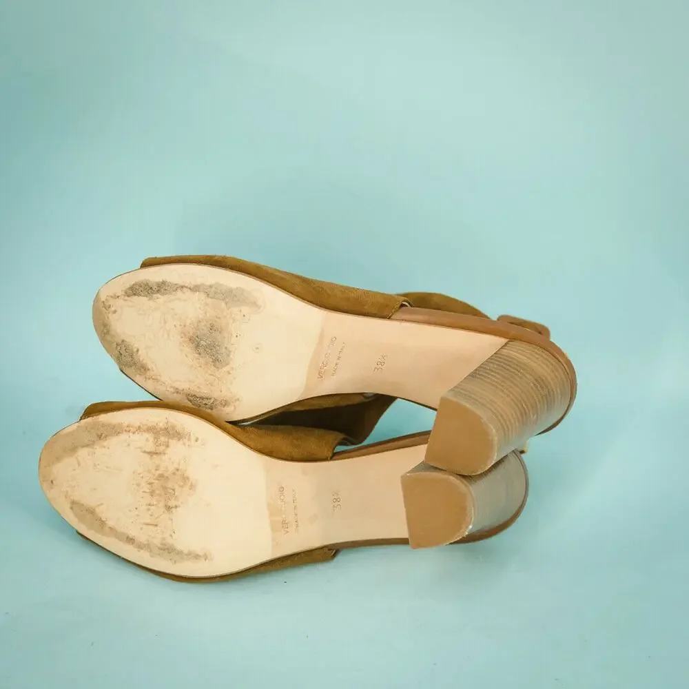 Barneys New York Size 38.5 8 Peep Toe Sandals Suede Blocked Buckle Brown Heels